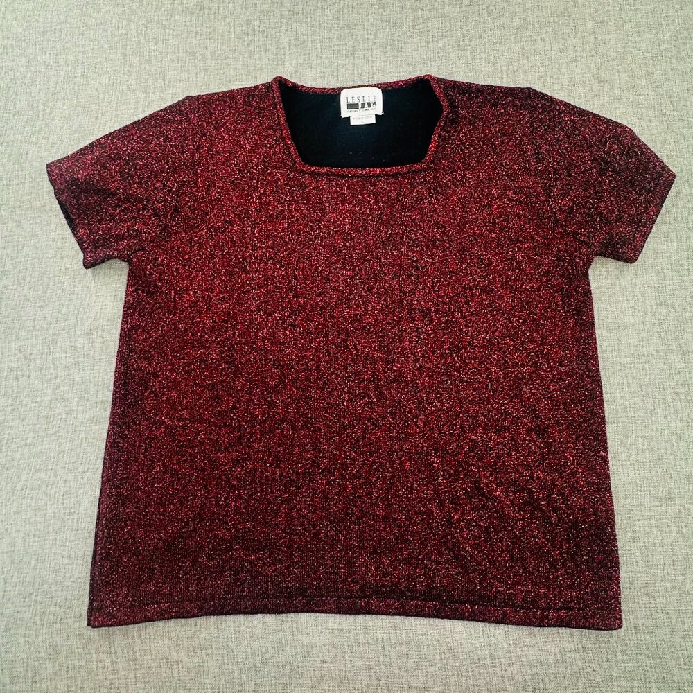 Leslie Fay Sports Wear Vintage Blouse Large Metallic Red Fabric Short Sleeve